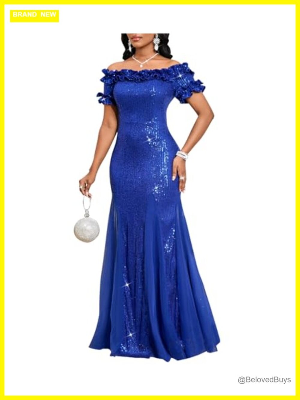Women's Off Shoulder Sequin Formal Dress Ruffle Short Sleeve Mesh Evening Gown